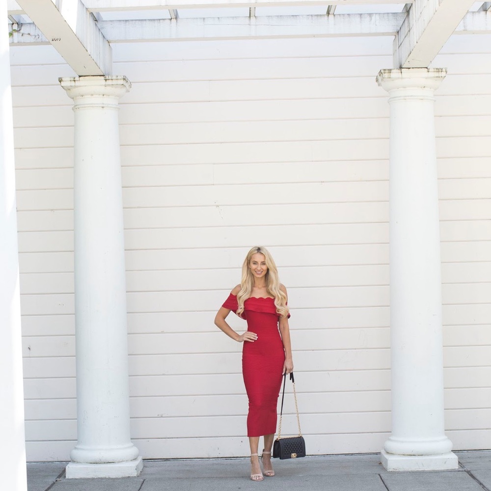 Off The Shoulders Red Bodycon Bandage Dress - Picture 8 of 8